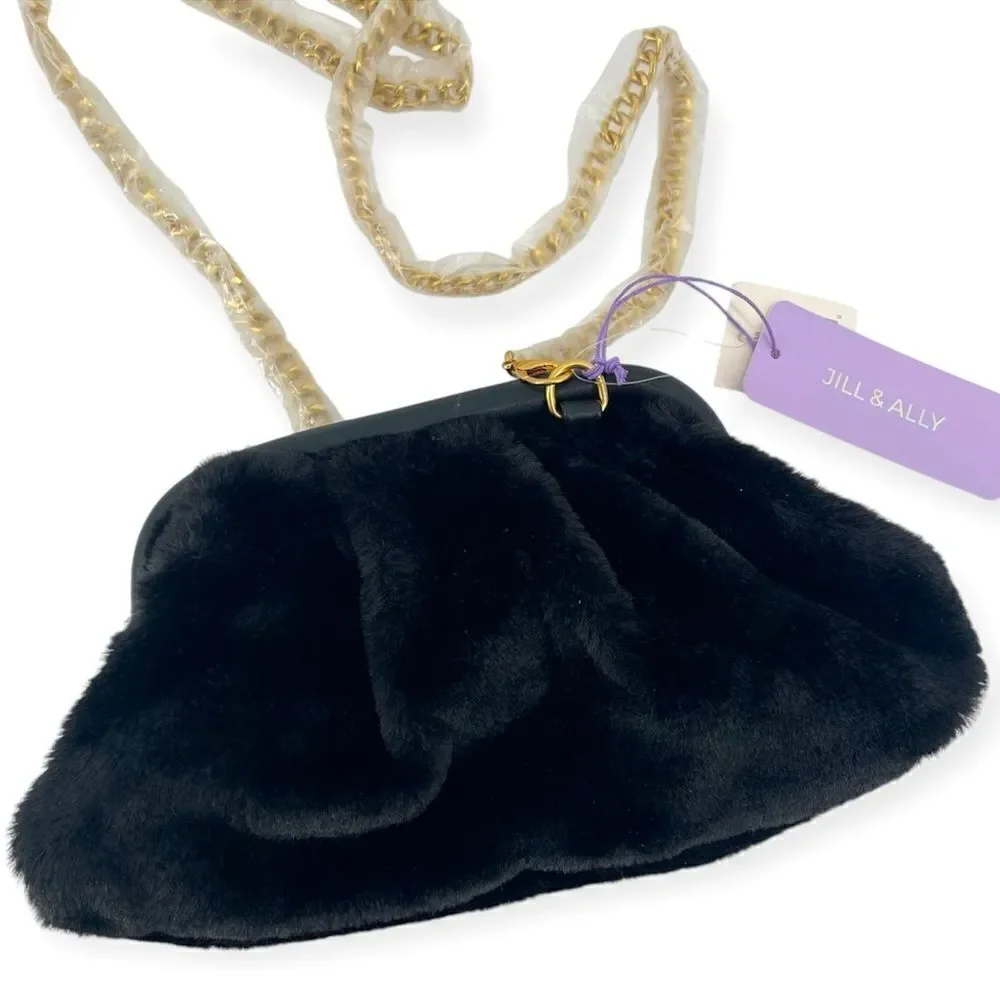 Jill & Ally Women’s Black Faux Fur Convertible Clutch Crossbody Bag One Size